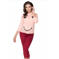 Be MaaMaa Těhotenské, kojící pyžamo 3/4 s dl. rukávem - růžovo/bordo, XXL