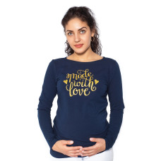 Be MaaMaa Těhotenské triko dlouhý rukáv Made with Love - tm. modrá - L