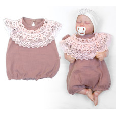 Body s nohavičkami, mušelín s krajkou BOHO - hnědorůžová, vel. 86