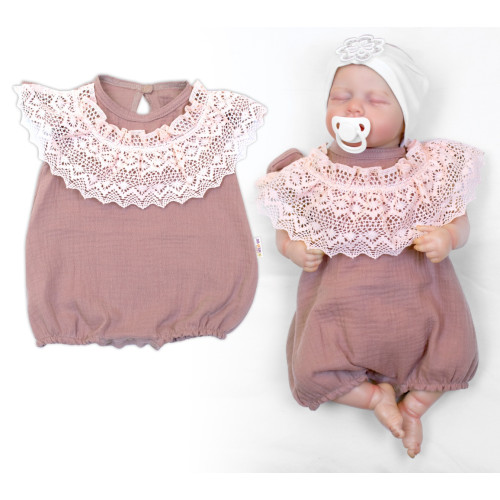 Body s nohavičkami, mušelín s krajkou BOHO - hnědorůžová, vel. 86 Body s nohavičkami, mušelín s krajkou BOHO - hnědorůžová, vel. 86