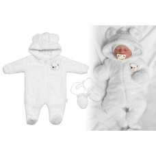 Chlupáčkový overal Luna s kapucí + rukavičky, Baby Nellys, Medvídek, bílý, vel. 74/80