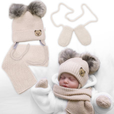 Dětská sada, zimní čepice s šálou + rukavičky 3D, Teddy Bear - béžová