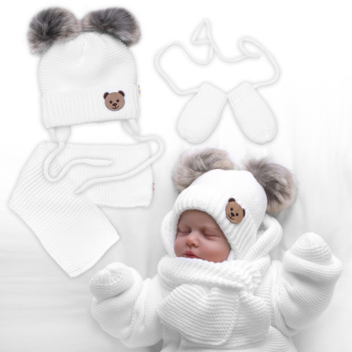 Dětská sada, zimní čepice s šálou + rukavičky 3D, Teddy Bear - bílá Dětská sada, zimní čepice s šálou + rukavičky 3D, Teddy Bear - bílá
