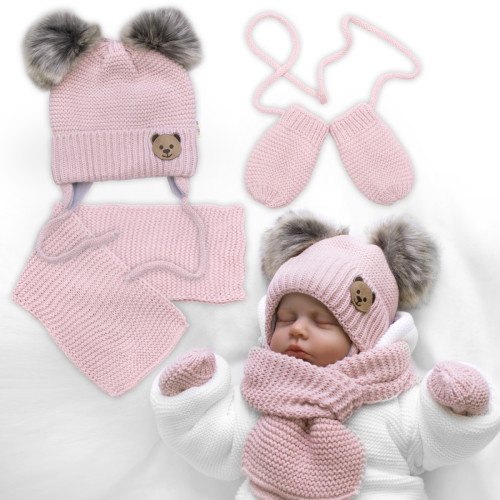 Dětská sada, zimní čepice s šálou + rukavičky 3D, Teddy Bear - pudrově růžová Dětská sada, zimní čepice s šálou + rukavičky 3D, Teddy Bear - pudrově růžová