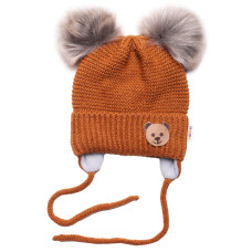 Dětská zimní čepice s fleecem Teddy Bear - chlupáčk. bambulky - hnědá, šedá
