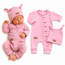 Kojenecká souprava Nature Girl – žebrovaný overal s čepičkou, 2D, bavlna, baby pink, 68
