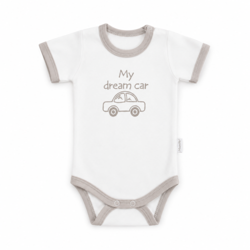 Kojenecké body, kr. rukáv Mamatti, zap. u krku, Dream Car - bílé/šedý lem, vel. 80 Kojenecké body, kr. rukáv Mamatti, zap. u krku, Dream Car - bílé/šedý lem, vel. 80