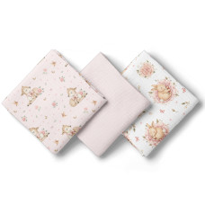 Mušelínové pleny pro miminko 3 ks 70 × 70 cm z jemné bavlny - růžové, Srnky a růžičky