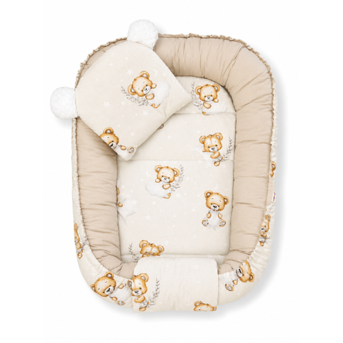 Oboustranné hnízdečko, podložka + polštářek 3D, Bavlna, Sleepy Teddy, béžové Oboustranné hnízdečko, podložka + polštářek 3D, Bavlna, Sleepy Teddy, béžové