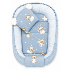 Oboustranné hnízdečko, podložka + polštářek 3D, Bavlna, Sleepy Teddy, modré