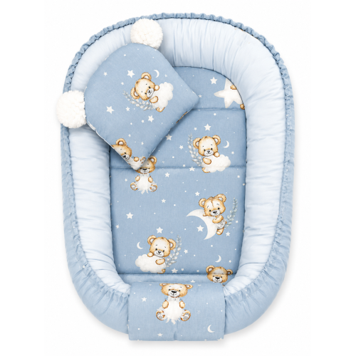 Oboustranné hnízdečko, podložka + polštářek 3D, Bavlna, Sleepy Teddy, modré Oboustranné hnízdečko, podložka + polštářek 3D, Bavlna, Sleepy Teddy, modré