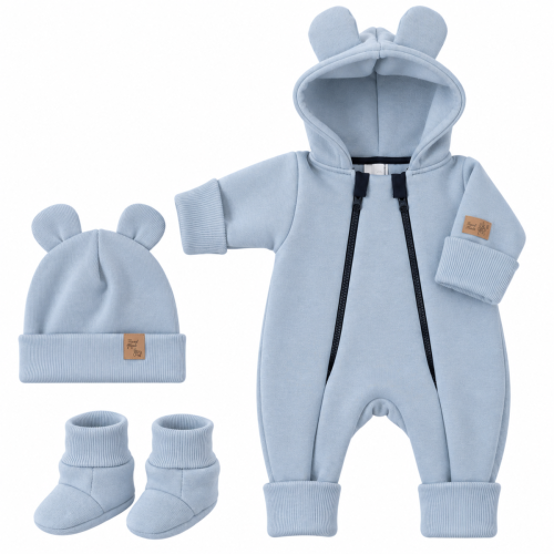 Oteplený dětský overal bez šlapek s kapucí, čepička + botičky, 3D, Kazum, modrý, vel. 86 Oteplený dětský overal bez šlapek s kapucí, čepička + botičky, 3D, Kazum, modrý, vel. 86
