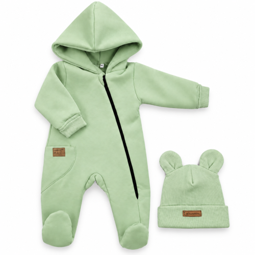 Oteplený dětský overal se šlapkama a kapucí + čepička, 2D, matcha, 62 Oteplený dětský overal se šlapkama a kapucí + čepička, 2D, matcha, 62