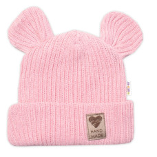 Pletená bavlněná čepice s oušky, dvouvrstvá, Hand Made Baby Nellys, růžová
