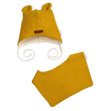 Pletená čepice s bavlněnou podšívkou a šátkem 2v1, Teddy Hand made - hořčicová, 68/74