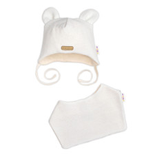 Pletená čepice s bavlněnou podšívkou a šátkem 2v1, Teddy Hand made - kokosové bílá, 80/86