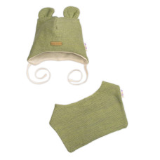 Pletená čepice s bavlněnou podšívkou a šátkem 2v1, Teddy Hand made - oliva