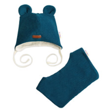 Pletená čepice s bavlněnou podšívkou a šátkem 2v1, Teddy Hand made - petrolejová, 80/86