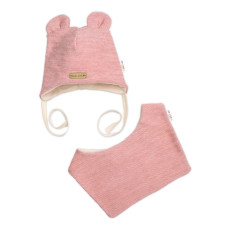 Pletená čepice s bavlněnou podšívkou a šátkem 2v1, Teddy Hand made - růžová, 68/74