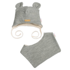 Pletená čepice s bavlněnou podšívkou a šátkem 2v1, Teddy Hand made - šedá, 68/74