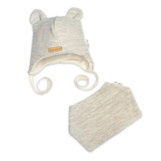 Pletená čepice s bavlněnou podšívkou a šátkem 2v1, Teddy Hand made - světle béžová, 68/74