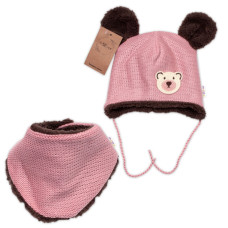 Pletená zimní čepice s kožíškem a šátkem Teddy Bear, Baby Nellys, růžová, vel. 80/86