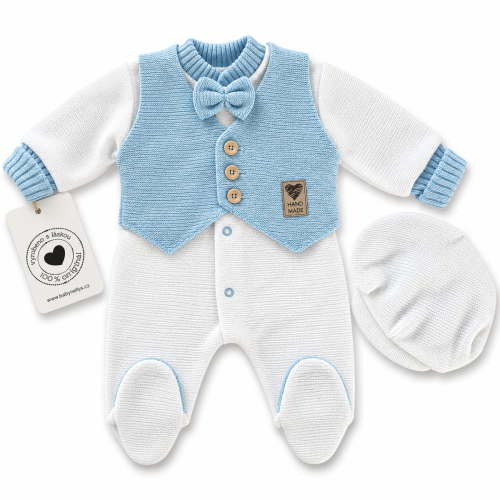 Pletený overálek Oliver s vestičkou a čepičkou Baby Nellys, bílá, modrá, 62 Pletený overálek Oliver s vestičkou a čepičkou Baby Nellys, bílá, modrá, 62