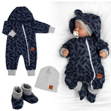 Rostoucí teplákový overal pro miminko, čepice, botky, 3D, Nature - jeans pírka, 80/86