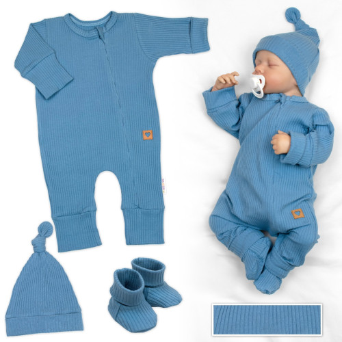 Rostoucí žebrovaný overálek, čepička a botičky, 3D, Nature - jeans, 62/68 Rostoucí žebrovaný overálek, čepička a botičky, 3D, Nature - jeans, 62/68