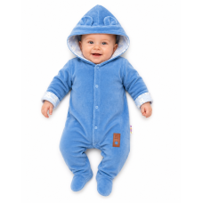Semiškový, velurový overal s kapucí Baby Nellys New Bunny, modrý, vel. 80