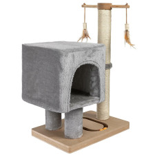Škrabadlo pro kočky Cat Tree 64 cm s úkrytem – MDF, sisal, plyš, světle šedá