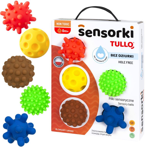Tullo Senzorické míčky barevné 5 ks bez dírek – 59–77 mm, 0m+, mix barev Tullo Senzorické míčky barevné 5 ks bez dírek – 59–77 mm, 0m+, mix barev