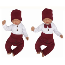 Z&Z 4-dílná soupravička body, tepláčky, čepička a motýlek, bílá/bordó, vel. 74