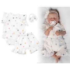 Zavinovací body, kraťasky + čelenka, mušelín, Srdíčko, Baby Nellys, smetanové, vel. 86