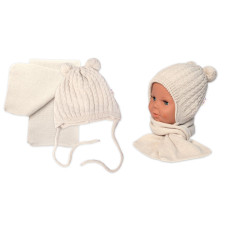 Zimní čepice na zavazování s bambulky + šál, Baby Nellys - béžová, vel. 74/80