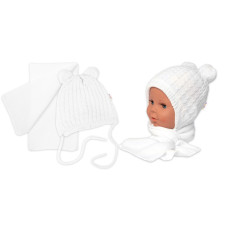 Zimní čepice na zavazování s bambulky + šál, Baby Nellys - bílá, vel. 74/80