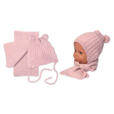 Zimní čepice na zavazování s bambulky + šál, Baby Nellys - pudrově růžová, vel. 74/80
