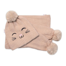 Zimní čepice s bambulí + šál, Kitty, Baby Nellys - cappuccino, vel. 54/58