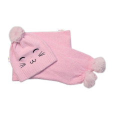 Zimní čepice s bambulí + šál, Kitty, Baby Nellys - růžová, vel. 54/58