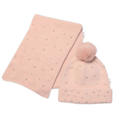 Zimní čepice s bambulí + šál, Pearls, Baby Nellys - pudrově růžová, vel. 54/58