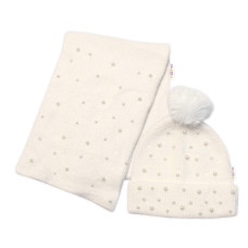 Zimní čepice s bambulí + šál, Pearls, Baby Nellys - smetanová, vel. 54/58