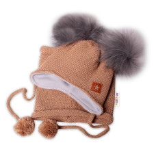 Zimní čepice s fleecem a chlupáčkové bambulky Star + komínek - medová, 98/104, BABY NELLYS
