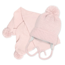 Zimní čepička s šálou - NATURE, 0-6m - pudrově růžová
