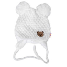 Zimní pletená čepice Teddy Bear na zavazování, bílá/smetanová, Baby Nellys