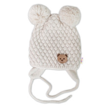 Zimní pletená čepice Teddy Bear na zavazování, ecru, 68/80, (6-12m), Baby Nellys