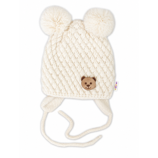 Zimní pletená čepice Teddy Bear na zavazování, ecru, Baby Nellys