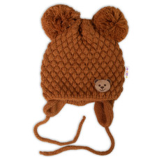 Zimní pletená čepice Teddy Bear na zavazování, hnědá, 68/80, (6-12m), Baby Nellys