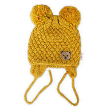 Zimní pletená čepice Teddy Bear na zavazování, hořčicová, 68/80, (6-12m), Baby Nellys