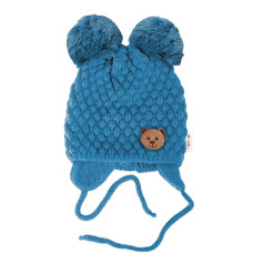 Zimní pletená čepice Teddy Bear na zavazování, modrá, 68/80, (6-12m)