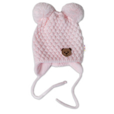 Zimní pletená čepice Teddy Bear na zavazování, růžová, 68/80, (6-12m), Baby Nellys